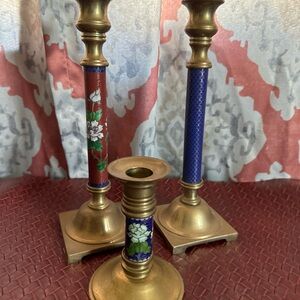 Set of 3 Pier 1 brass Chinese Cloisonné candle sticks